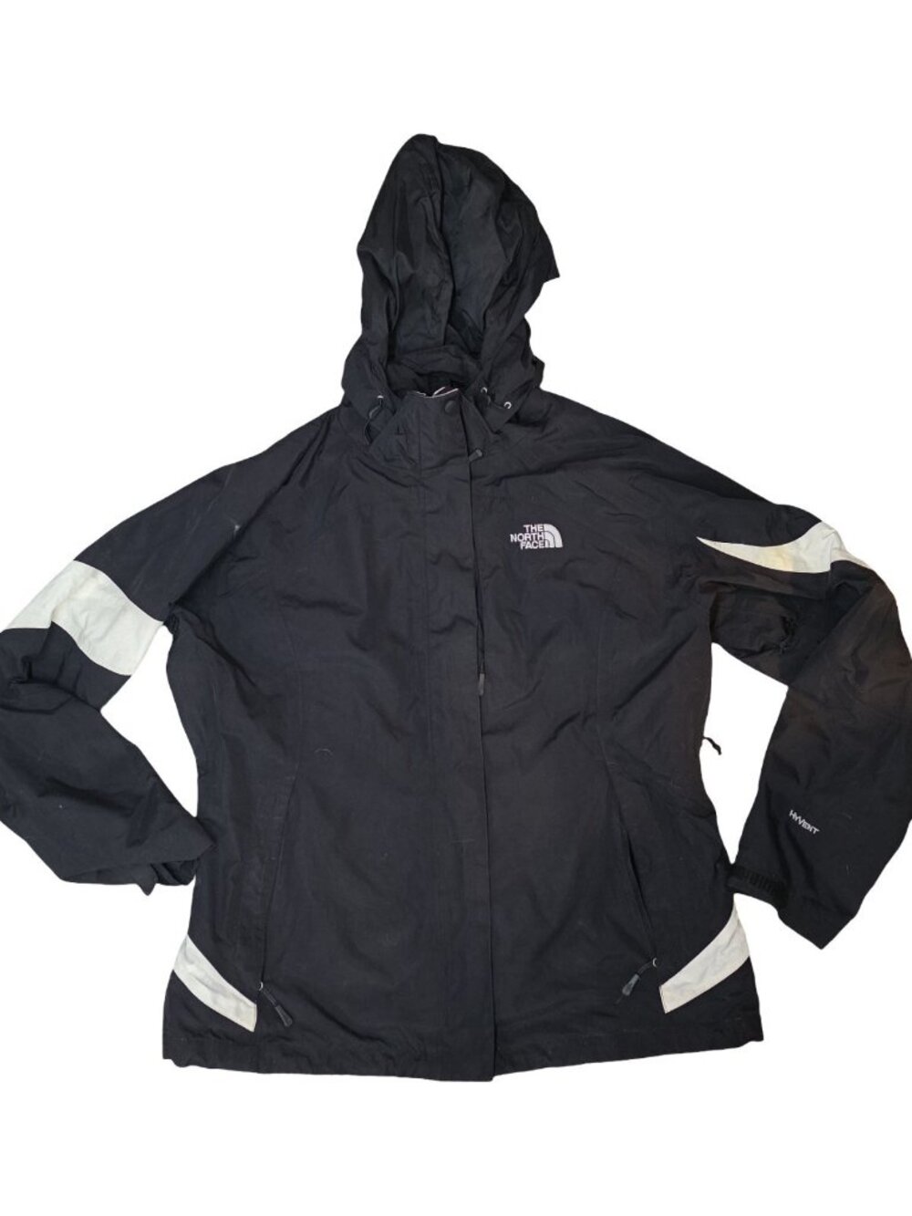 The North Face HyVent Rain Jacket Women's Large Black White Hooded Shell Coat